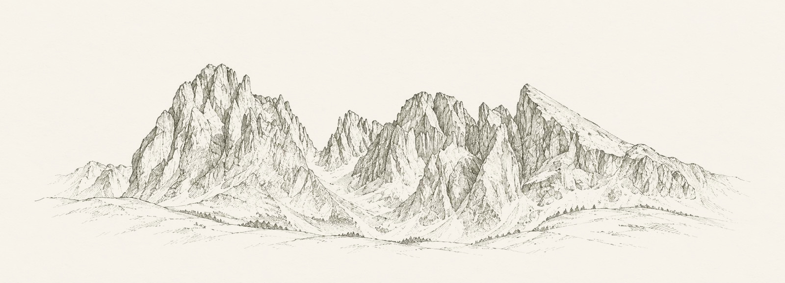 Silueta detallada de las montañas del Alpe di Siusi